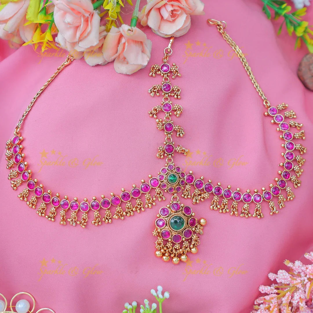 Stunning Kemp Floral Bridal Maang tikka with pearls and gold beads - Sparkle and Glow