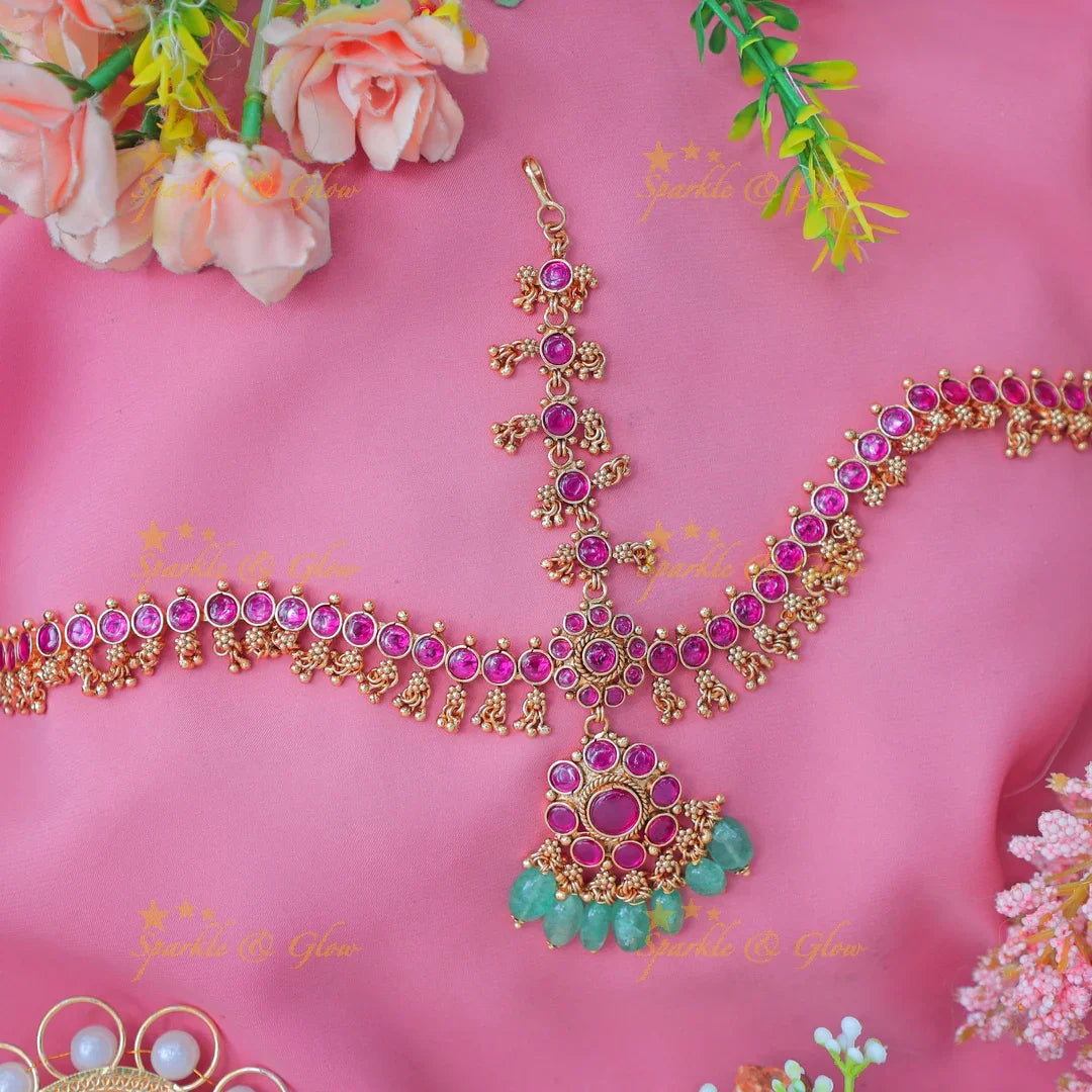 Stunning Kemp Floral Bridal Maang tikka with pearls and gold beads - Sparkle and Glow