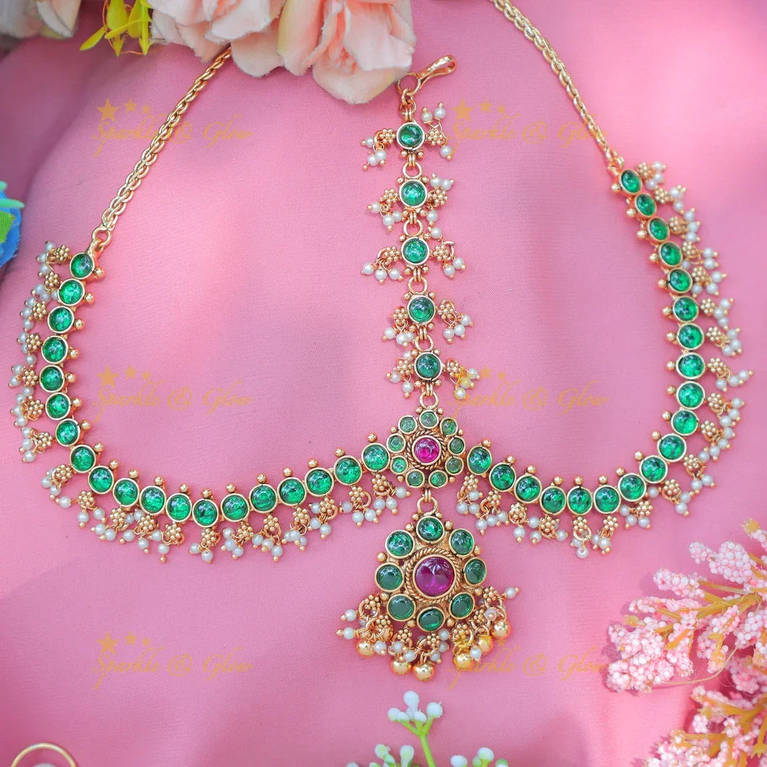Stunning Kemp Floral Bridal Maang tikka with pearls and gold beads - Sparkle and Glow