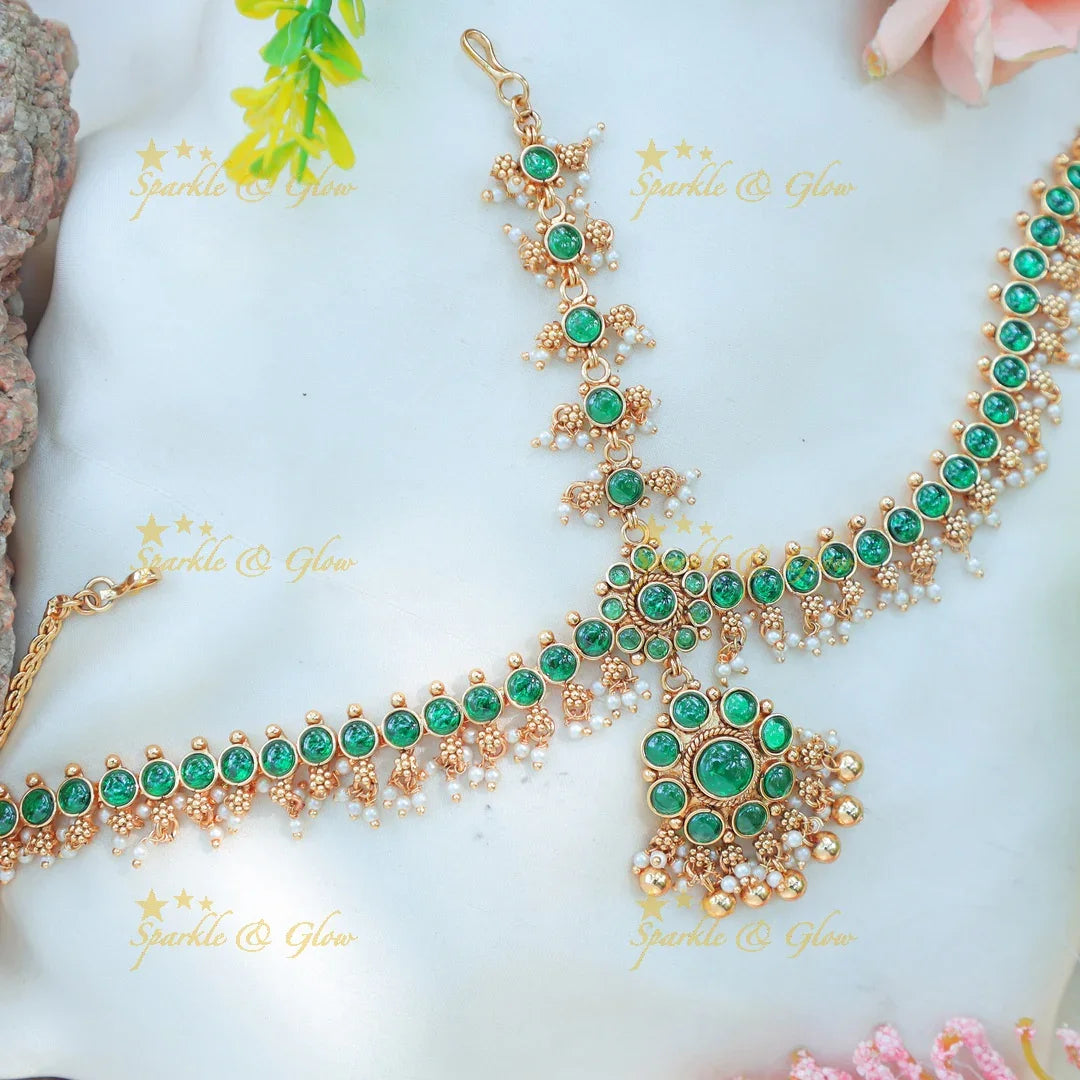 Stunning Kemp Floral Bridal Maang tikka with pearls and gold beads - Sparkle and Glow