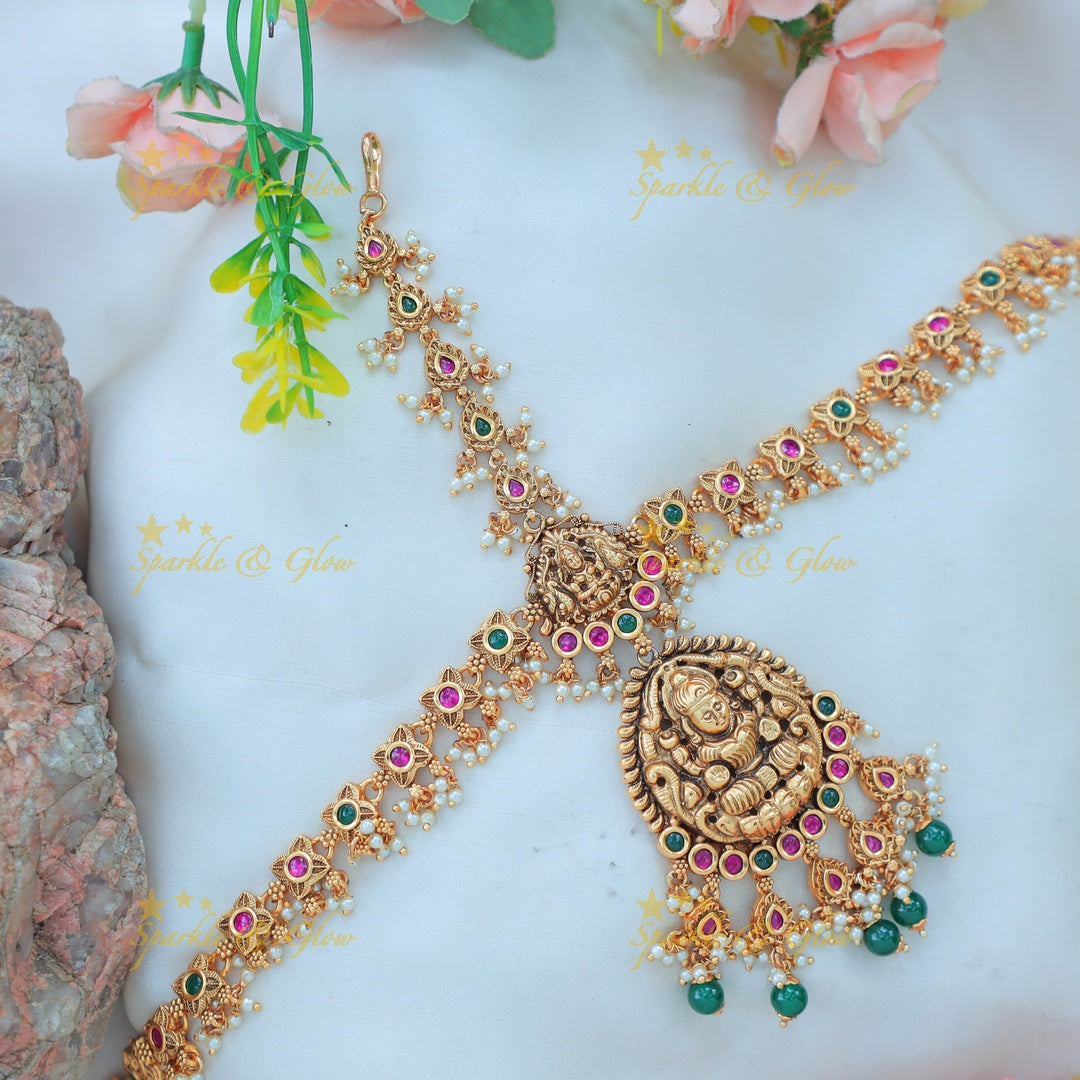 Elegant Idol Lakshmi Peacock carved Kemp bridal Maang tikka with green beads