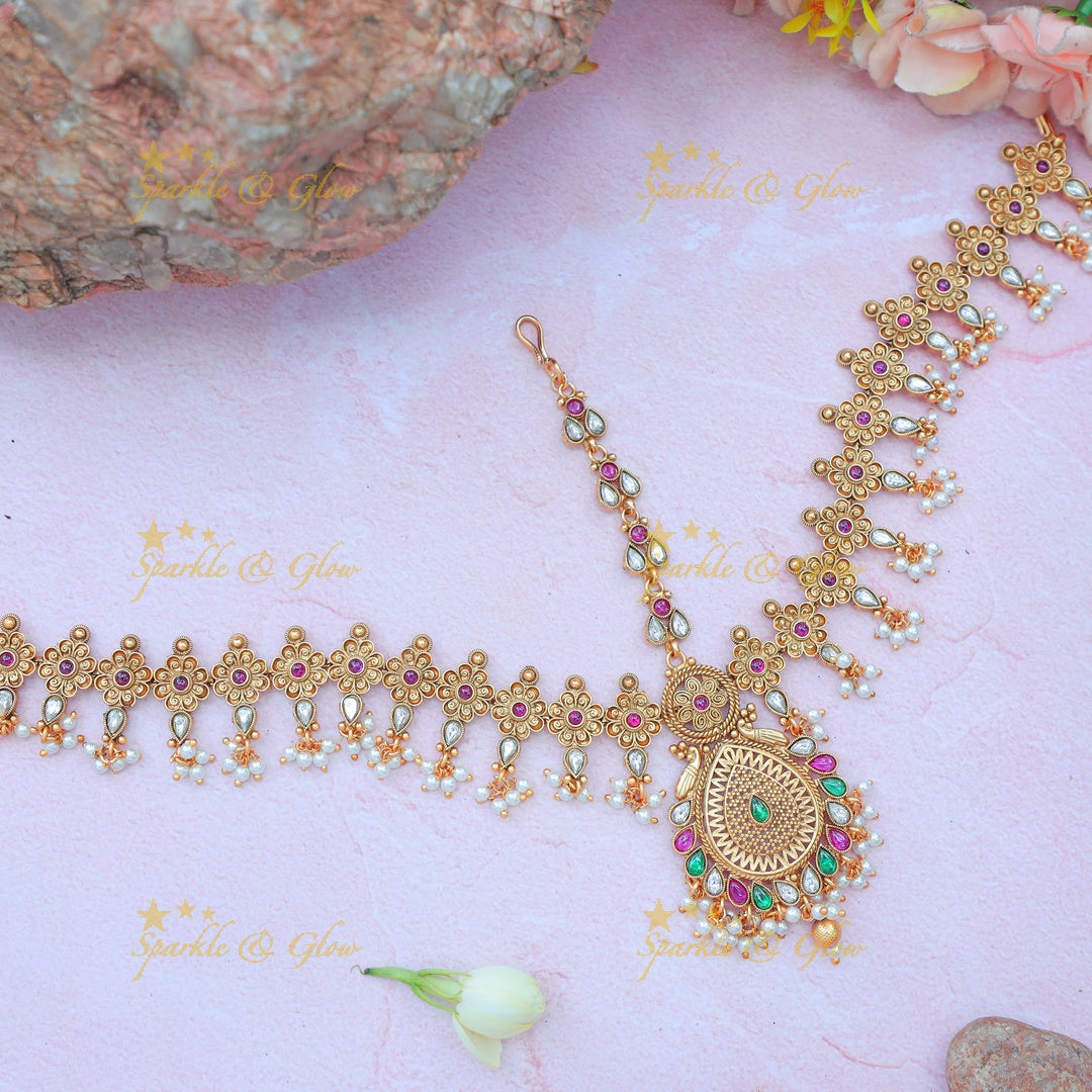 Beautiful Antique Peacock Floral Maang Tikka with Kundan, Pearl & Stone Drops