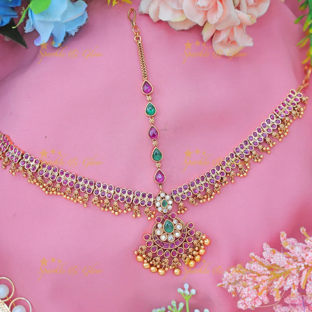Grand Kemp Floral Maang Tikka with Pink & Green Stones and Pearl Danglers - Sparkle and Glow