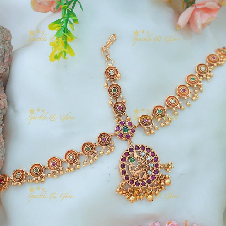 Stunning Antique Round Maang Tikka with Peacock Pendant and Multi-Color Stones - Sparkle and Glow