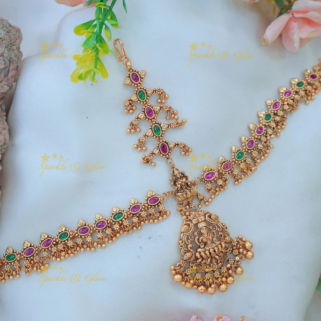 Temple Style Maang Tikka with Antique Gold alike Finish and Lakshmi Motif - Sparkle and Glow