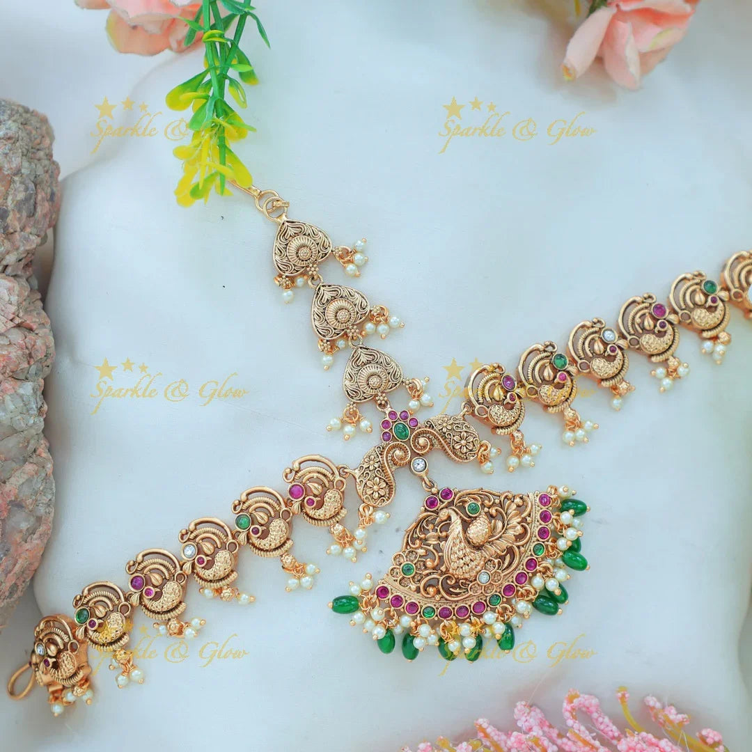 Elegant Antique Peacock Maang Tikka with Green Beads and Temple Design - Sparkle and Glow