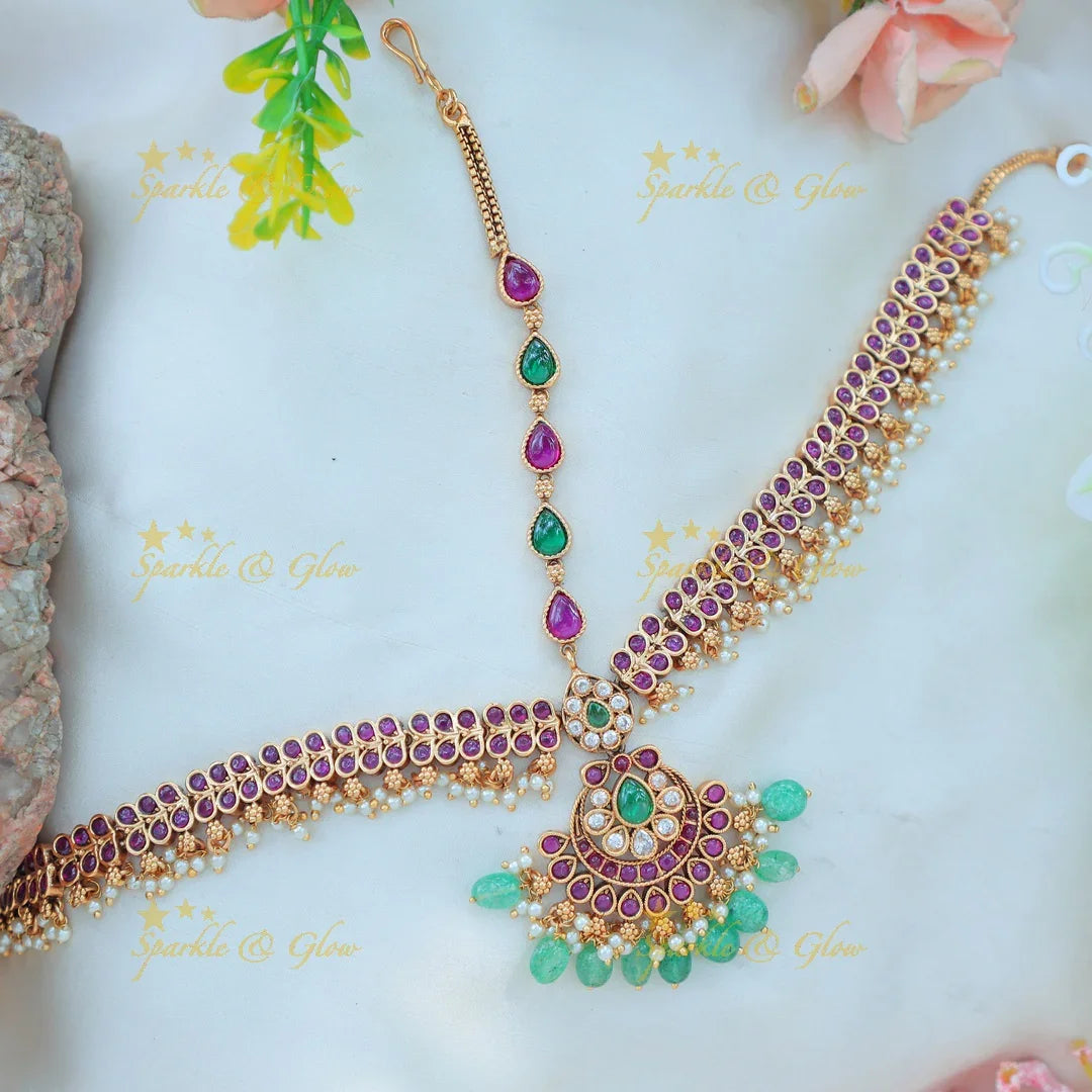 Grand Kemp Floral Maang Tikka with Pink & Green Stones and Pearl Danglers - Sparkle and Glow