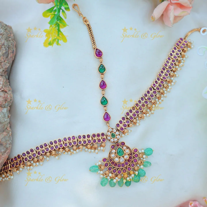 Grand Kemp Floral Maang Tikka with Pink & Green Stones and Pearl Danglers - Sparkle and Glow