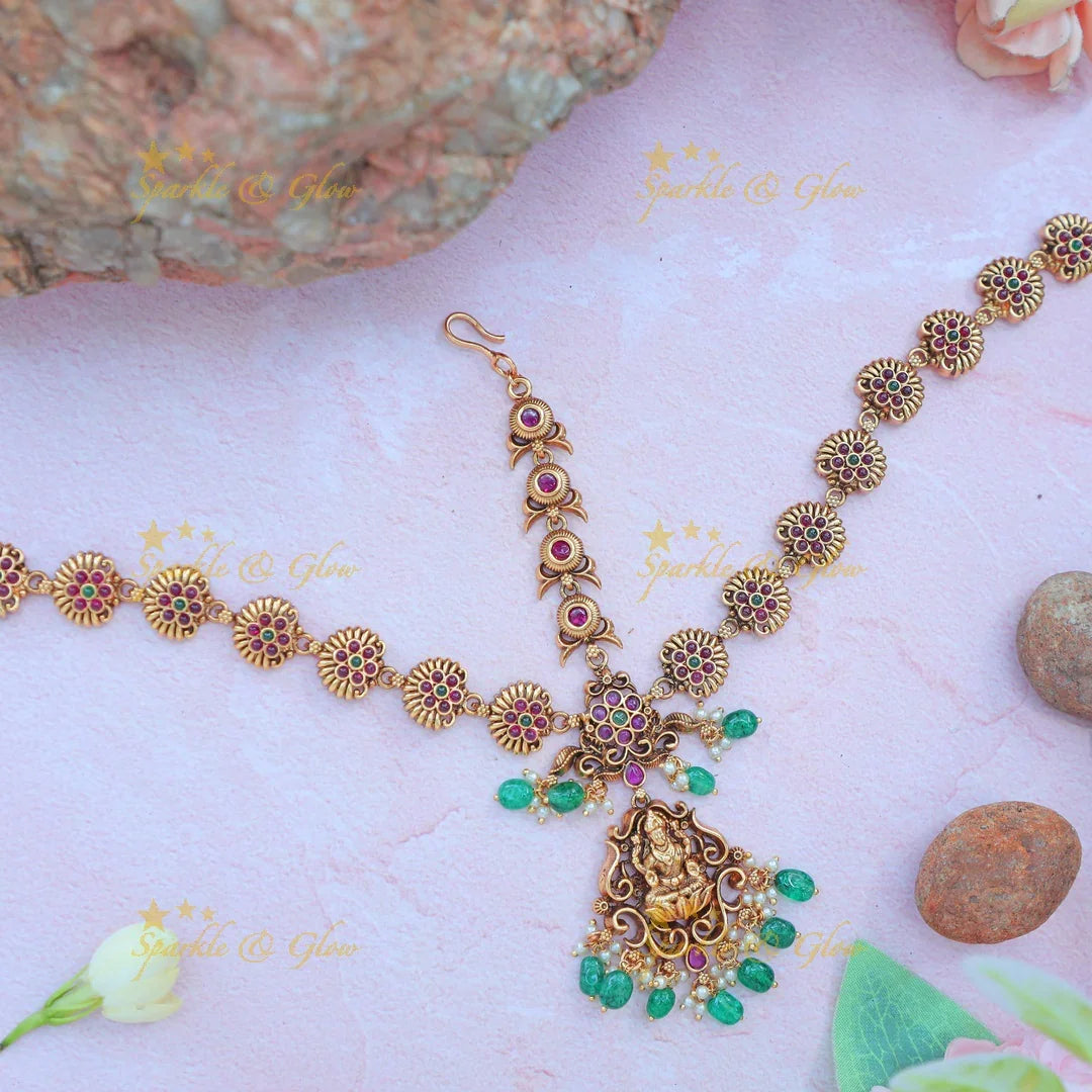 Elegant Kemp Lakshmi Floral Bridal Maang tikka with Green beads - Sparkle and Glow