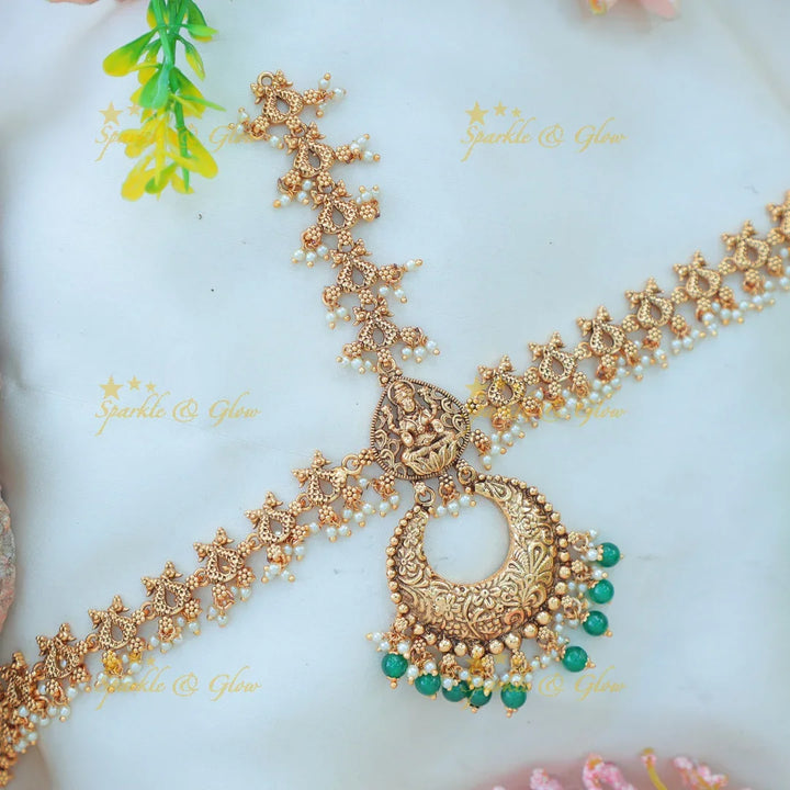 Antique Gold alike Idol Lakshmi leaf design Maang Tikka with Crescent Pendant - Sparkle and Glow