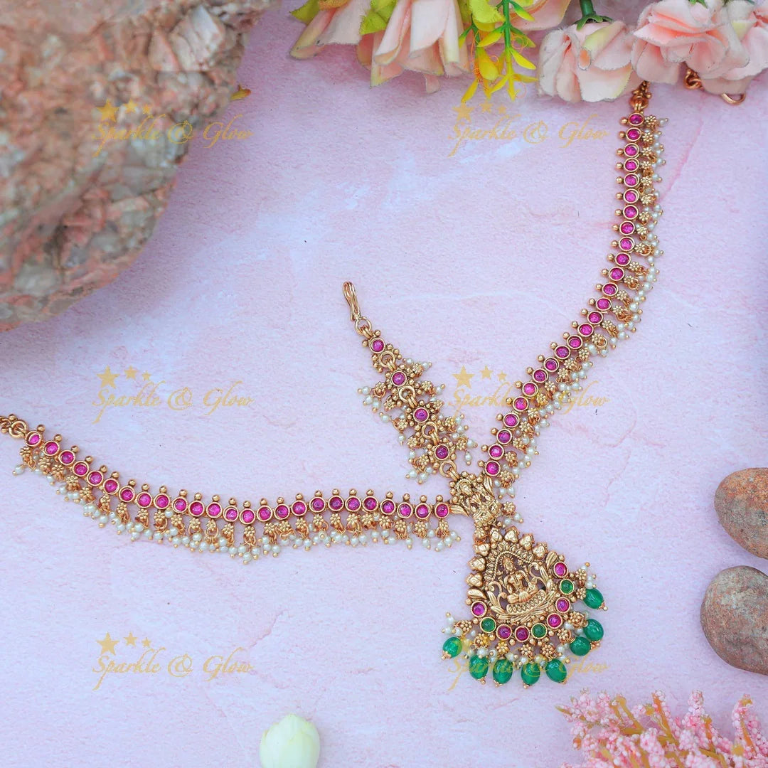 Stunning Idol Lakshmi pendant carved Kemp Maang tikka - Sparkle and Glow