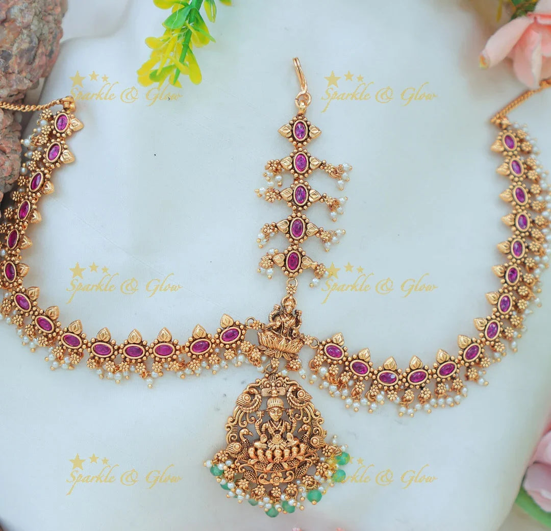 Temple Style Maang Tikka with Antique Gold alike Finish and Lakshmi Motif - Sparkle and Glow