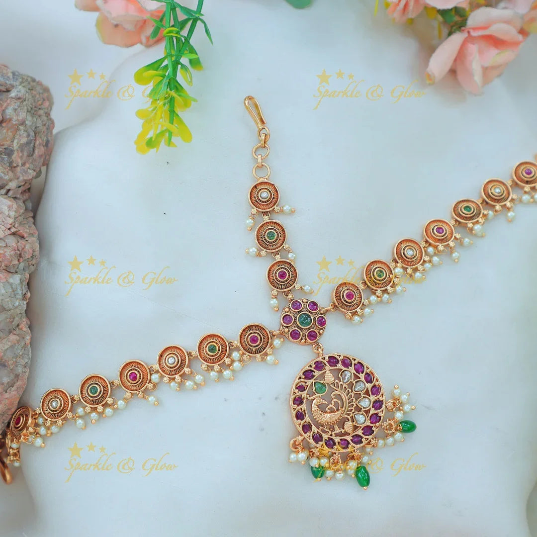 Stunning Antique Round Maang Tikka with Peacock Pendant and Multi-Color Stones - Sparkle and Glow
