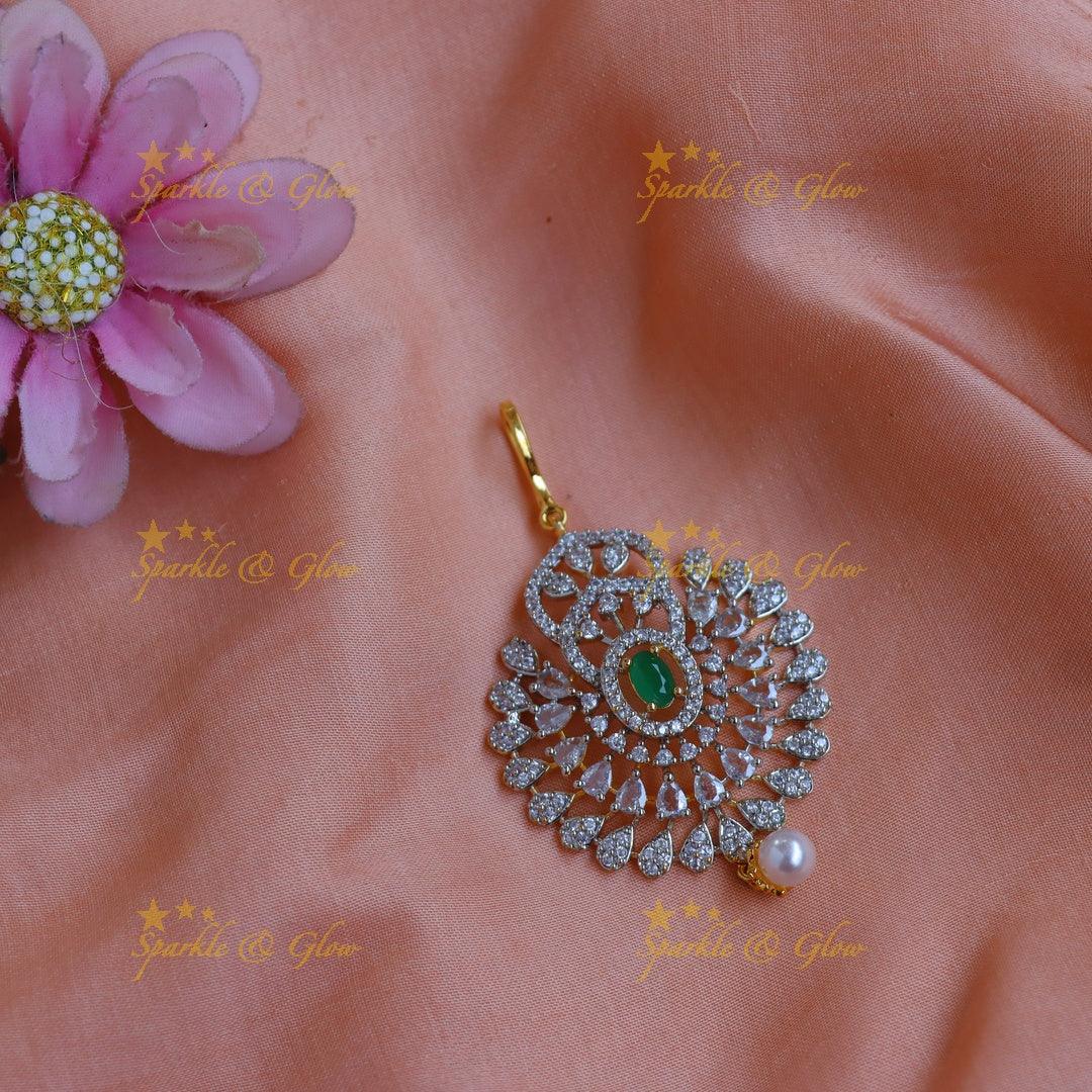 Elegant GJ polish AD Floral Maang tikka with Green Stone & Pearl Drop - Sparkle and Glow
