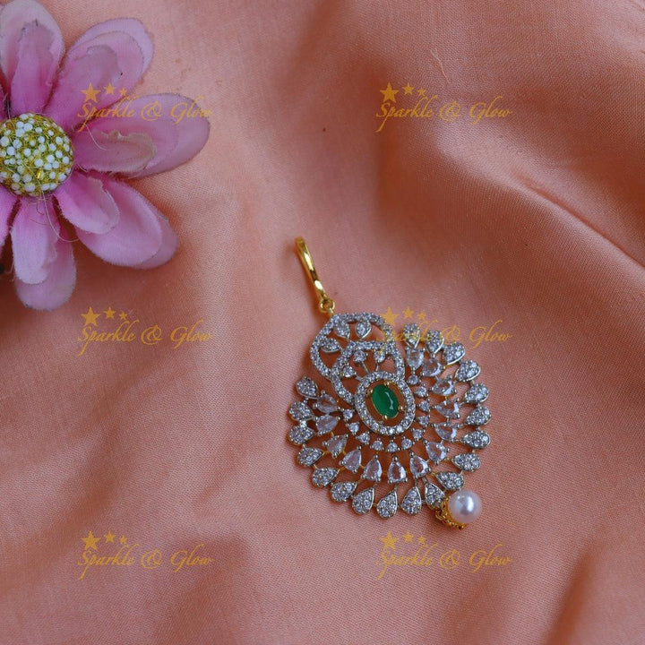 Elegant GJ polish AD Floral Maang tikka with Green Stone & Pearl Drop - Sparkle and Glow