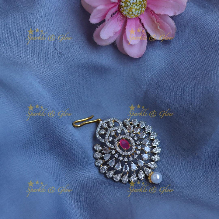 Elegant GJ polish AD Floral Maang tikka with Green Stone & Pearl Drop - Sparkle and Glow