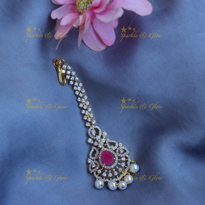 Elegant GJ polish Floral AD Maang tikka with Ruby Pink Center & Pearl Drops - Sparkle and Glow
