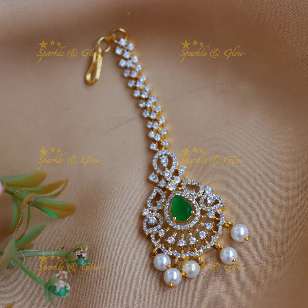 Elegant GJ polish Floral AD Maang tikka with Ruby Pink Center & Pearl Drops - Sparkle and Glow