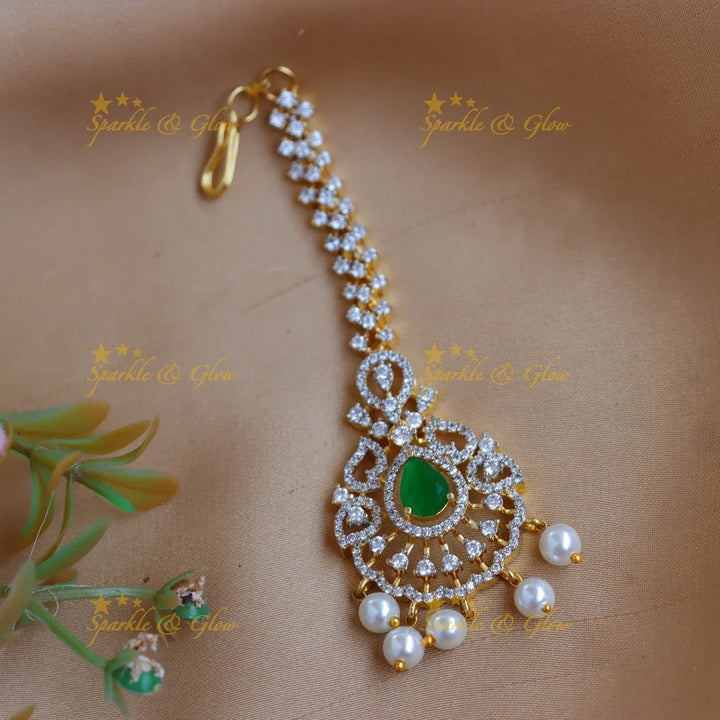 Elegant GJ polish Floral AD Maang tikka with Ruby Pink Center & Pearl Drops - Sparkle and Glow