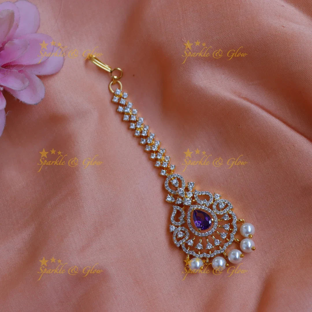 Elegant GJ polish Floral AD Maang tikka with Ruby Pink Center & Pearl Drops - Sparkle and Glow