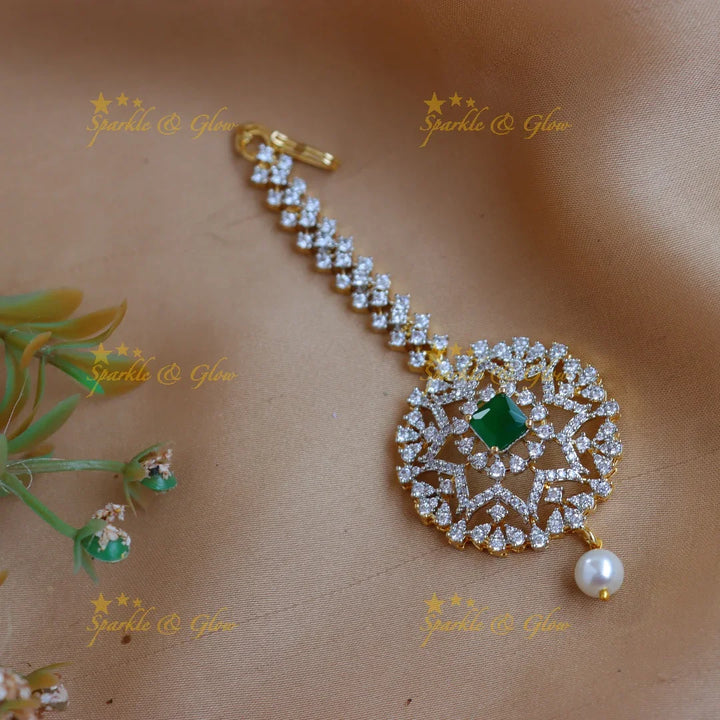 Statement GJ polish Star Floral AD Maang tikka with Pearl drop - Sparkle and Glow