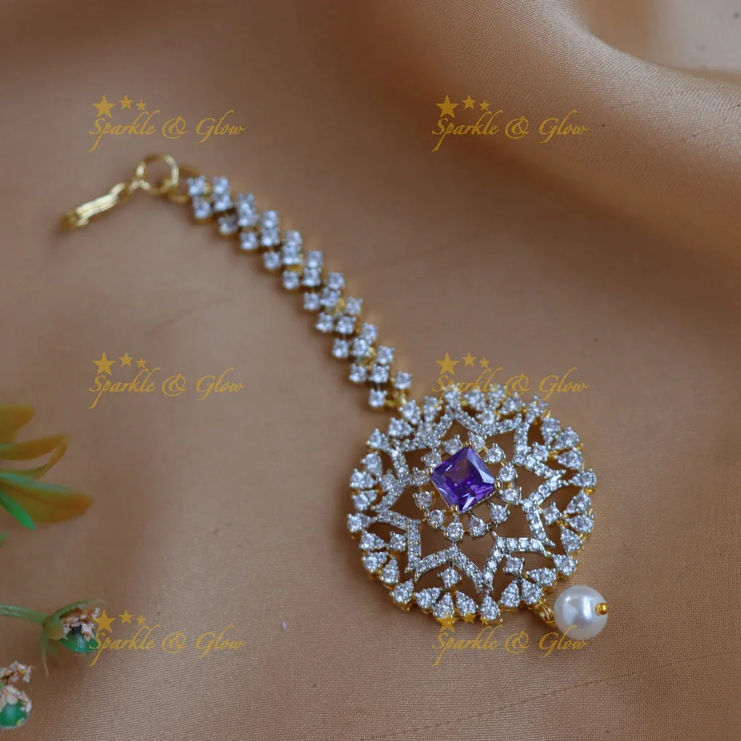 Statement GJ polish Star Floral AD Maang tikka with Pearl drop - Sparkle and Glow