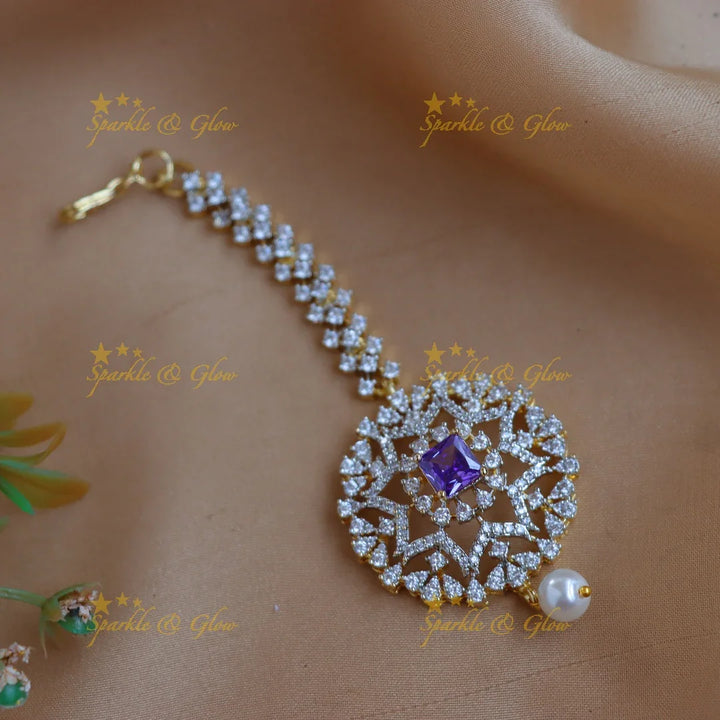 Statement GJ polish Star Floral AD Maang tikka with Pearl drop - Sparkle and Glow