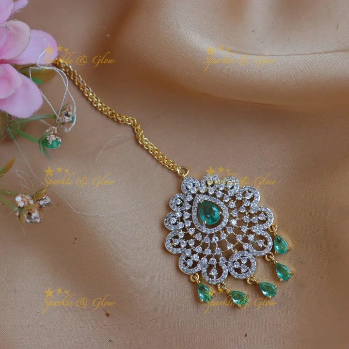 Sparkling GJ polish Floral designer AD Maang tikka with Teardrop hangings - Sparkle and Glow