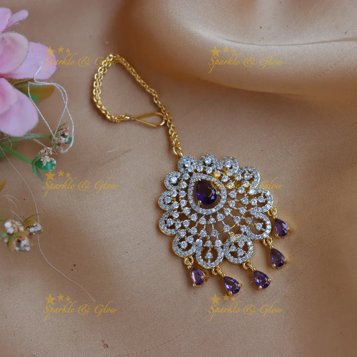 Sparkling GJ polish Floral designer AD Maang tikka with Teardrop hangings - Sparkle and Glow