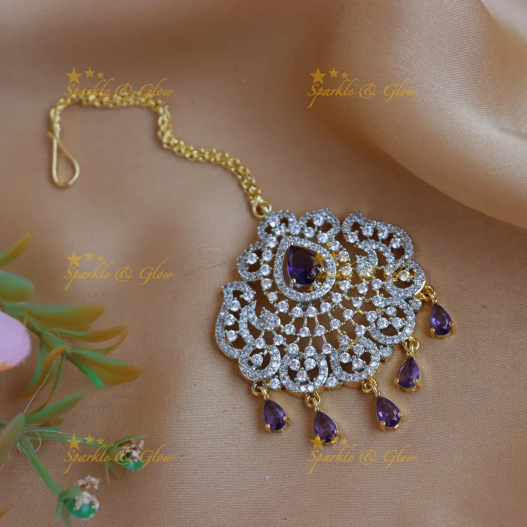 Elegant GJ polish Floral Mango carved AD Maang tikka with Teardrop Accents - Sparkle and Glow