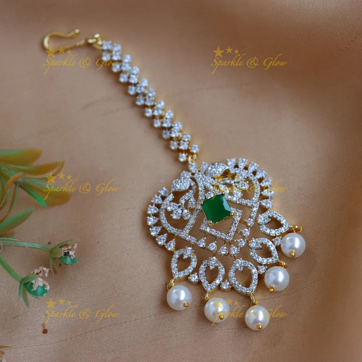 Grand GJ polish Floral AD Maang tikka with Pearl drops - Sparkle and Glow