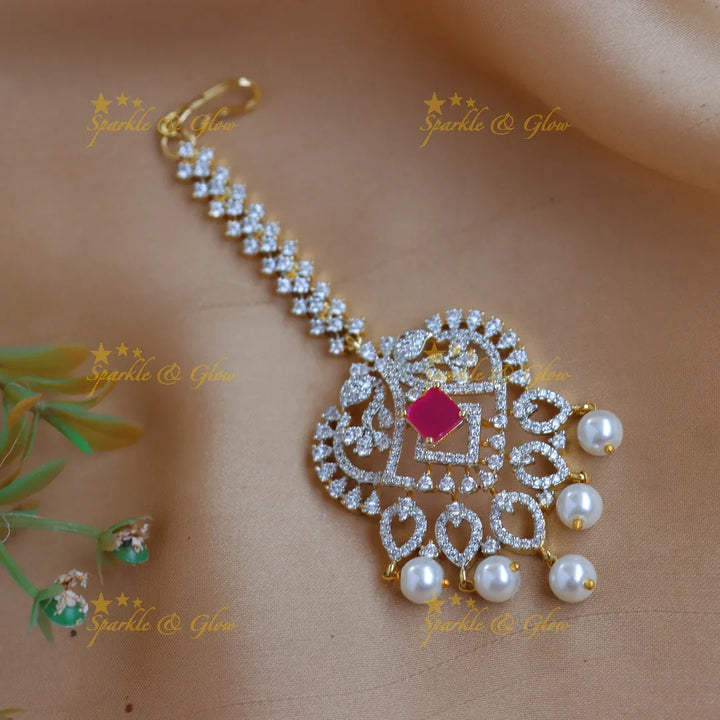 Grand GJ polish Floral AD Maang tikka with Pearl drops - Sparkle and Glow