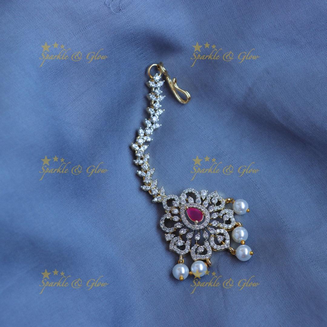 Beautiful GJ polish Floral AD Maang tikka with Pearl drops - Sparkle and Glow