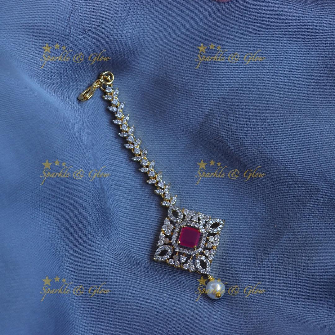 Elegant GJ polish Square-Cut AD Maang tikka with Pearl drop - Sparkle and Glow