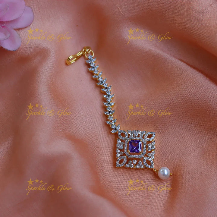 Elegant GJ polish Square-Cut AD Maang tikka with Pearl drop - Sparkle and Glow