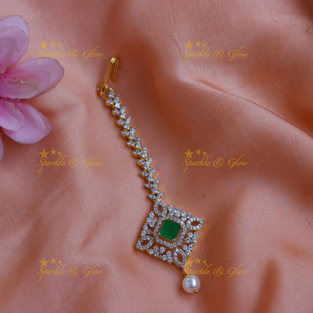 Elegant GJ polish Square-Cut AD Maang tikka with Pearl drop - Sparkle and Glow