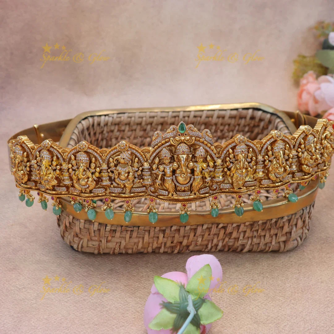 Grand Idol Ganesha Peacock carved Hipbelt with Green Beads