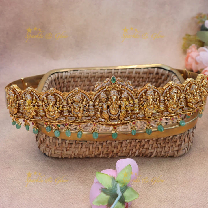 Grand Idol Ganesha Peacock carved Hipbelt with Green Beads