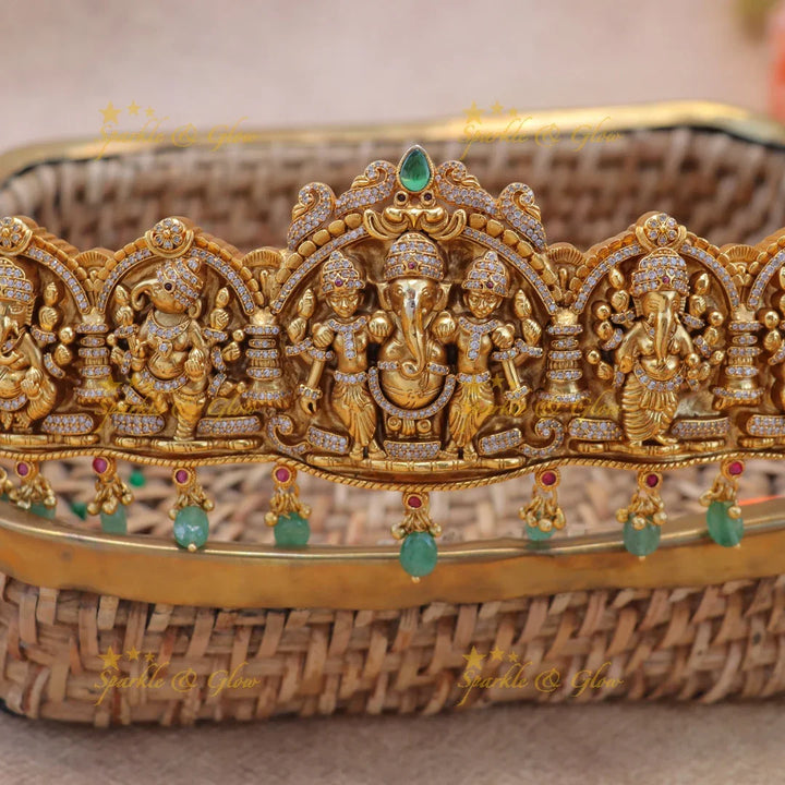 Grand Idol Ganesha Peacock carved Hipbelt with Green Beads