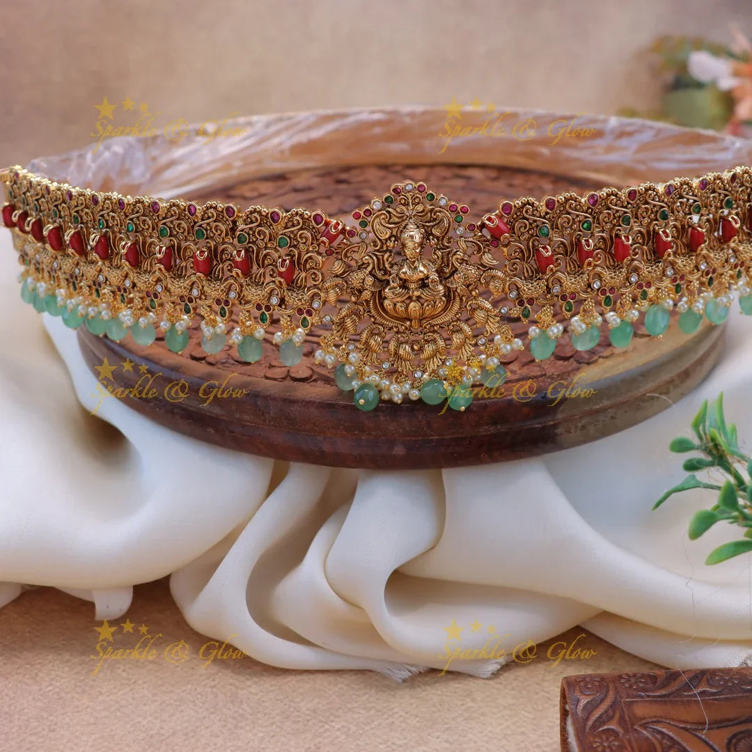 Grand Idol Lakshmi Elephant carved Coral and Green beaded Hipbelt