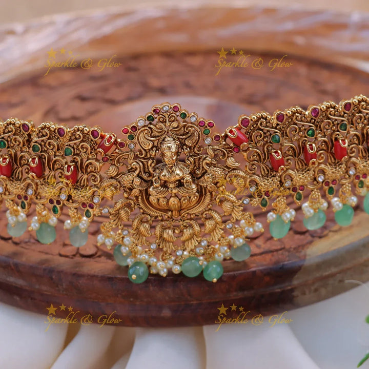 Grand Idol Lakshmi Elephant carved Coral and Green beaded Hipbelt