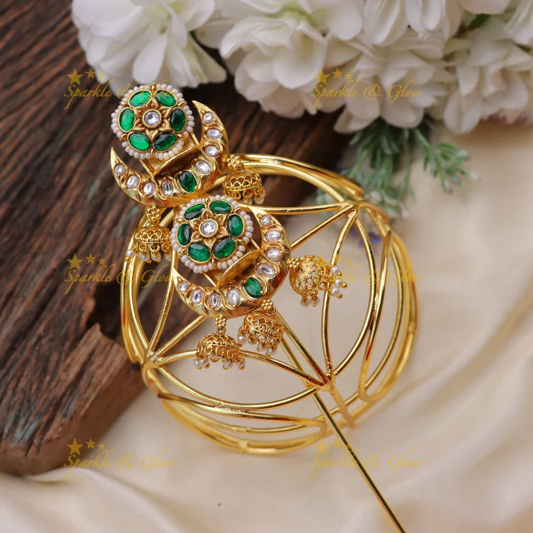 Traditional Jadau Gold alike Bun Cage with Kundan and Green Stone Work - Sparkle and Glow