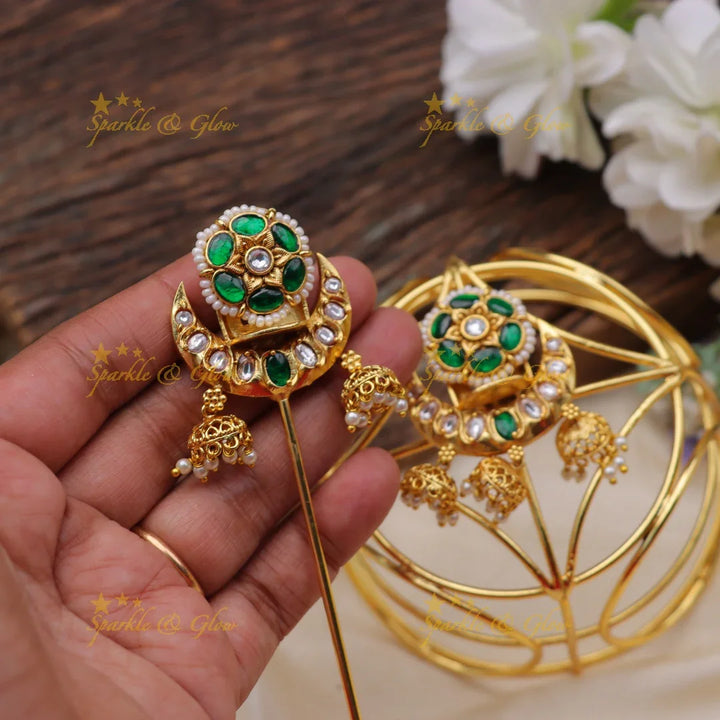 Traditional Jadau Gold alike Bun Cage with Kundan and Green Stone Work - Sparkle and Glow