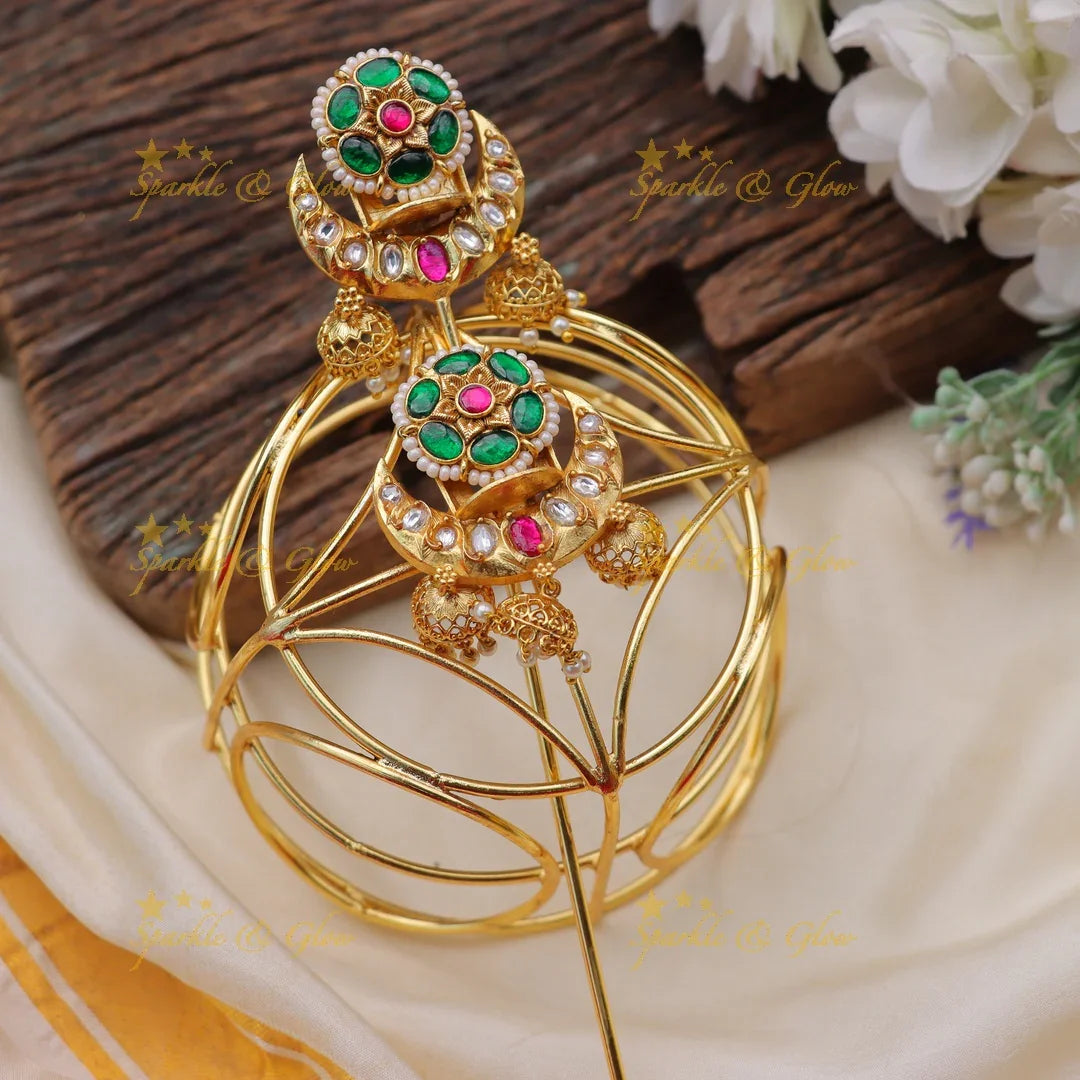 Traditional Jadau Gold alike Bun Cage with Kundan and Green Stone Work - Sparkle and Glow