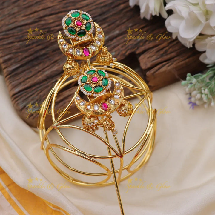 Traditional Jadau Gold alike Bun Cage with Kundan and Green Stone Work - Sparkle and Glow