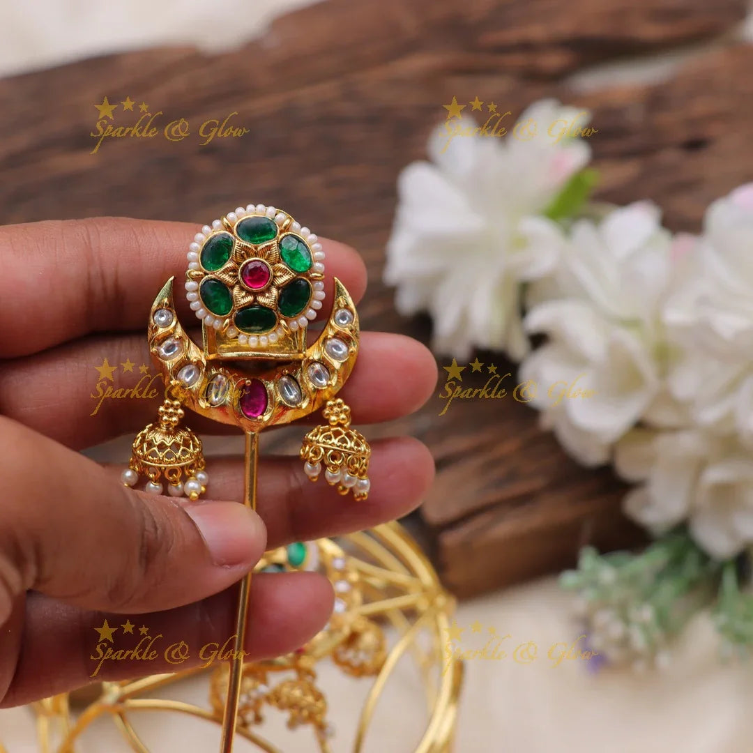 Traditional Jadau Gold alike Bun Cage with Kundan and Green Stone Work - Sparkle and Glow