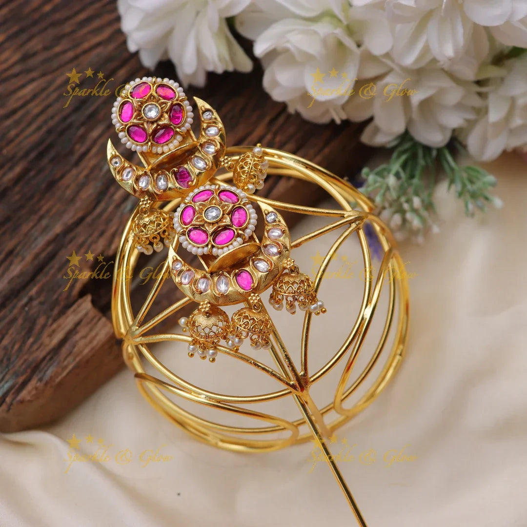 Traditional Jadau Gold alike Bun Cage with Kundan and Green Stone Work - Sparkle and Glow