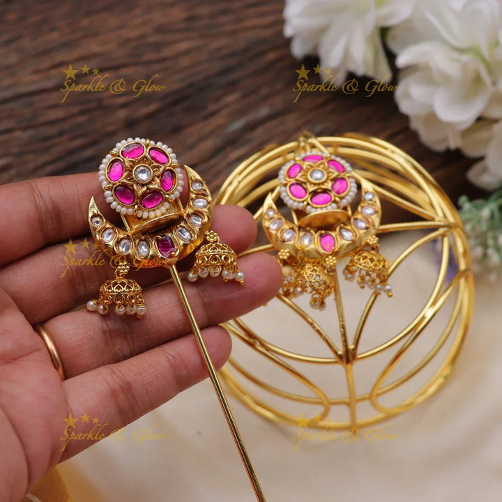 Traditional Jadau Gold alike Bun Cage with Kundan and Green Stone Work - Sparkle and Glow