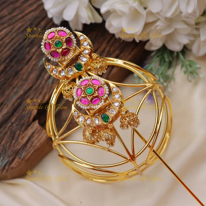 Traditional Jadau Gold alike Bun Cage with Kundan and Green Stone Work - Sparkle and Glow