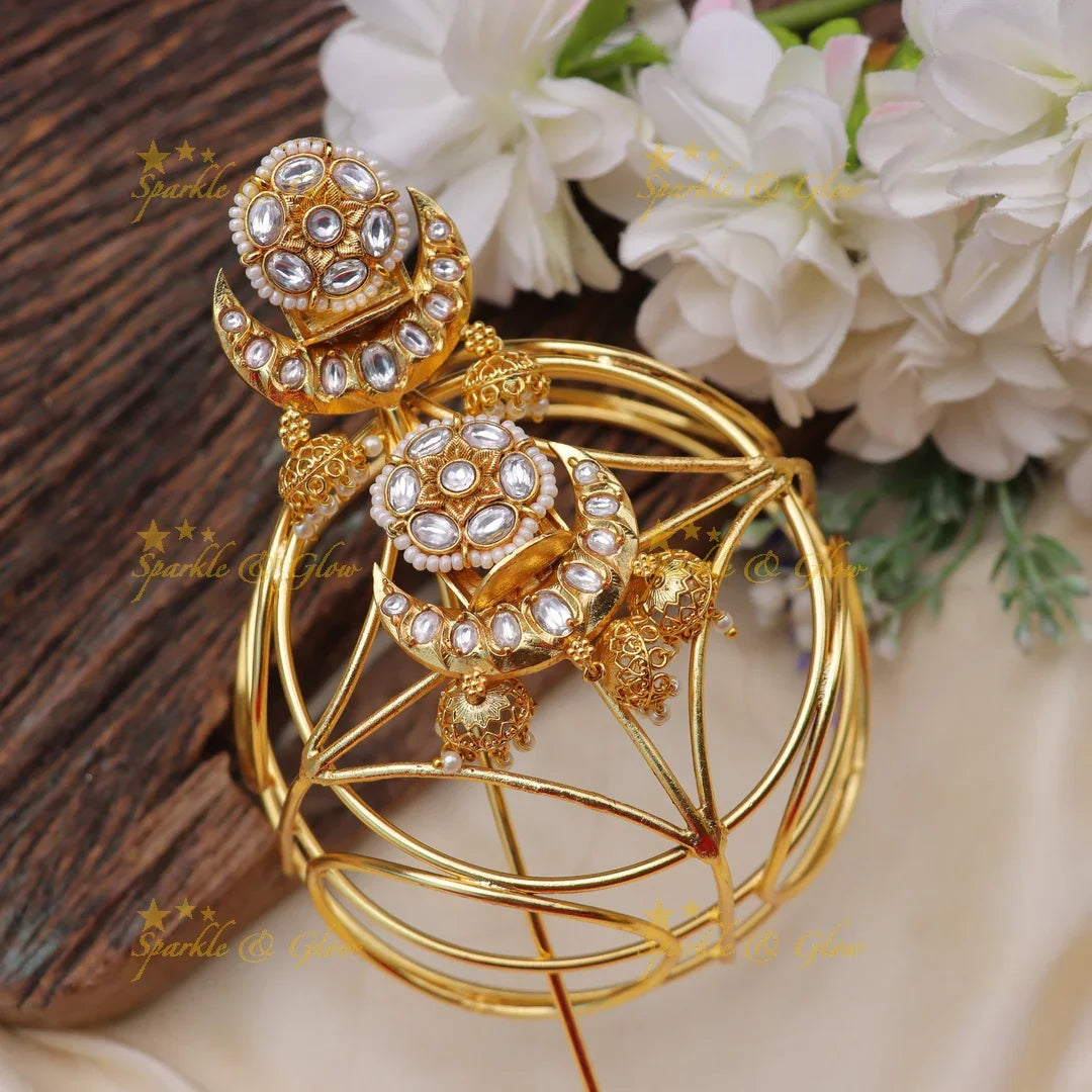 Traditional Jadau Gold alike Bun Cage with Kundan and Green Stone Work - Sparkle and Glow